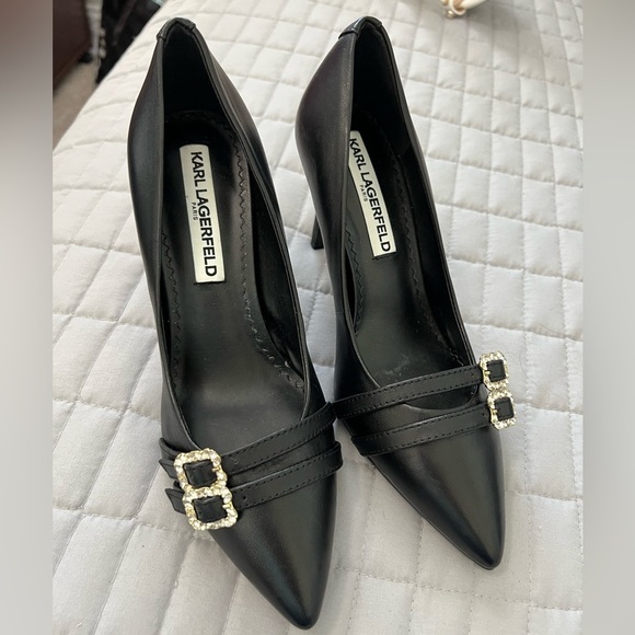 Karl Lagerfeld Shoes - Karl Lagerfeld Black Heels with Rhinestone Buckles